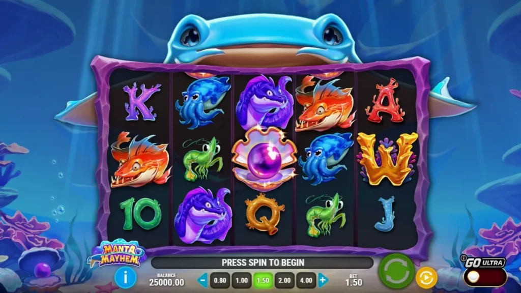 Tampilan visual slot Manta Mayhem dengan latar belakang terumbu karang yang cerah dan ikan pari manta.