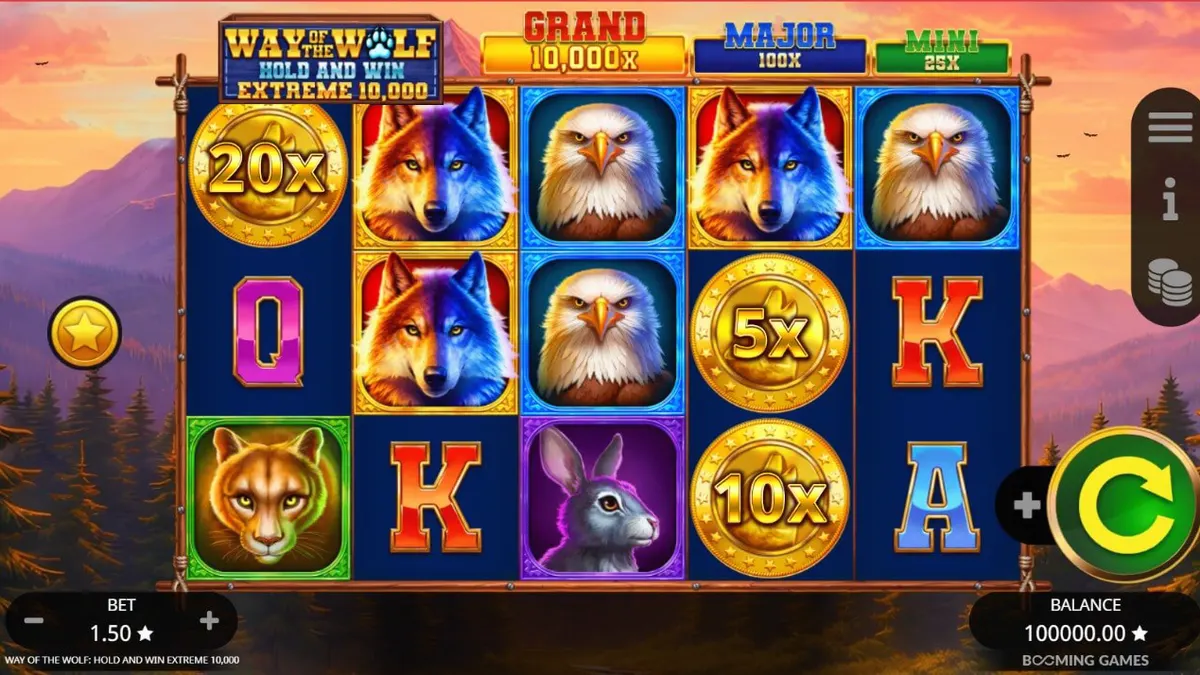 Way of the Wolf Hold and Win Extreme 10,000 slot machine interface with wolf theme