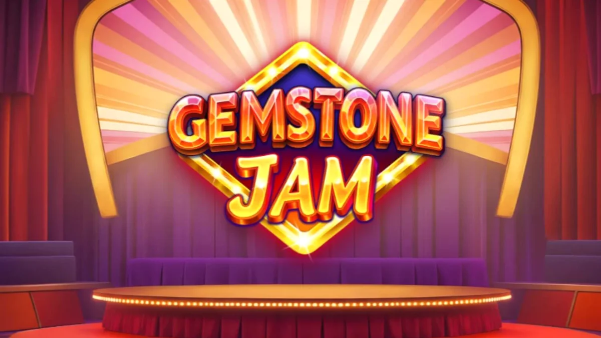 Tampilan visual slot Gemstone Jam dengan simbol permata dan suasana panggung TV.