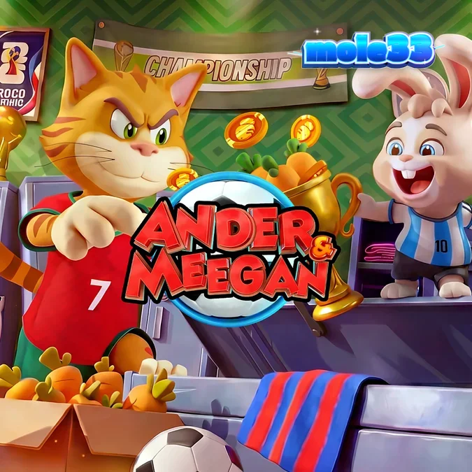 Tampilan antarmuka permainan slot Ander & Meegan dengan simbol-simbol sepak bola yang dinamis.